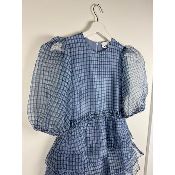 Ganni Check Organza Puff Sleeve Dress - Picture 2 of 8